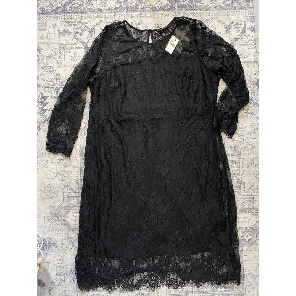 NWT Lane Bryant Black Lace Overlay Dress Size 28 Long Sleeve Midi Knee Length‎